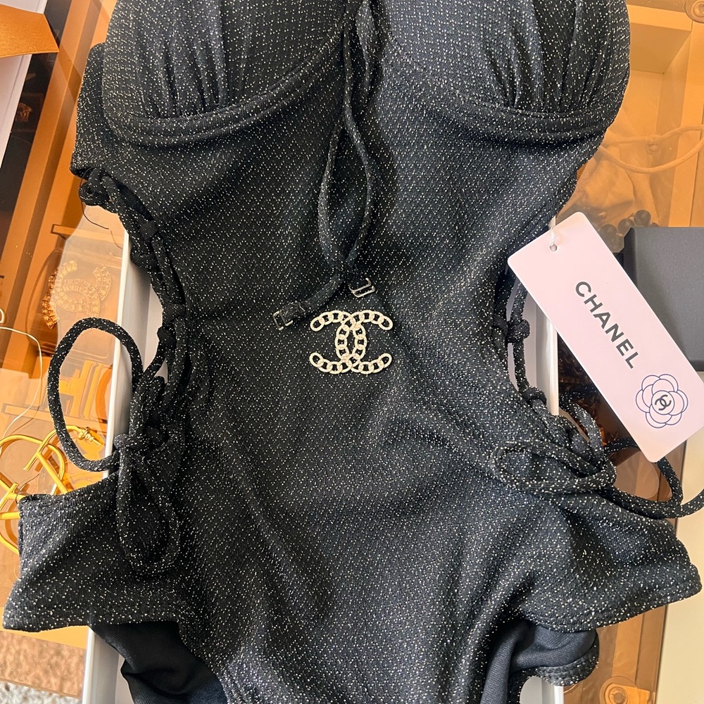 CHANEL Black Textured Swimsuit with Logo Detail